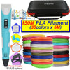A 3D printing pen with an LCD display and a black carrying case, surrounded by various colored PLA filaments.