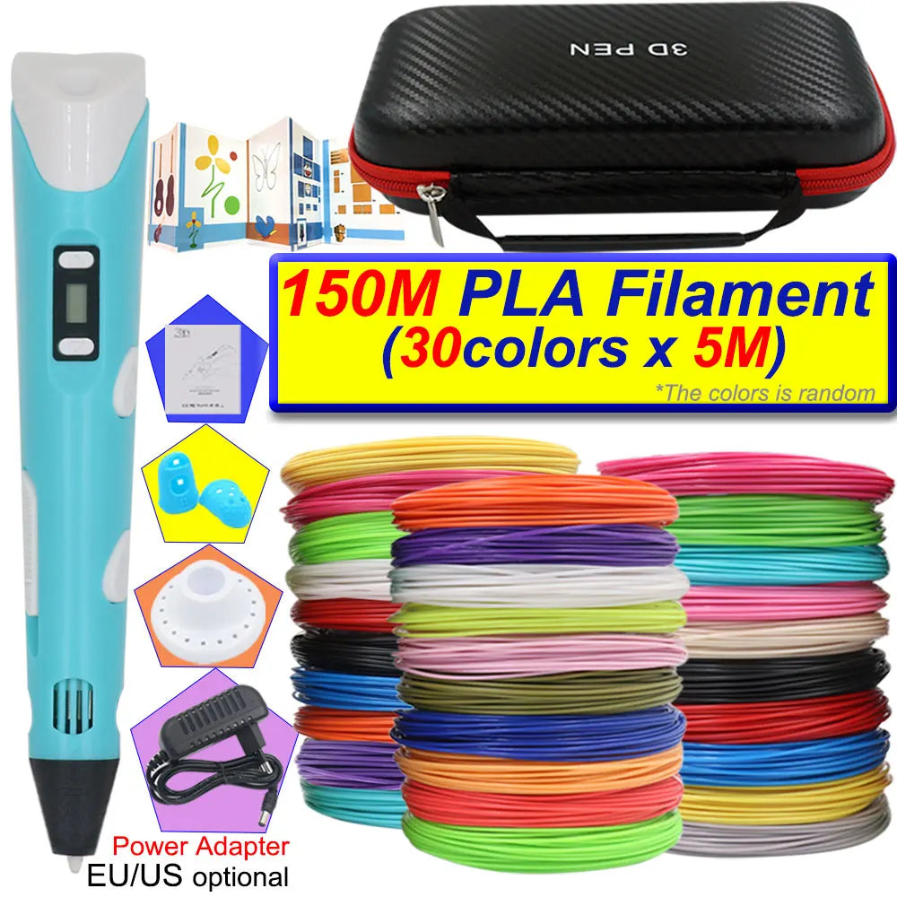 A 3D printing pen with an LCD display and a black carrying case, surrounded by various colored PLA filaments.