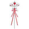 Silver and red crown with a hanging ribbon and stick for a royal princess dress-up playset