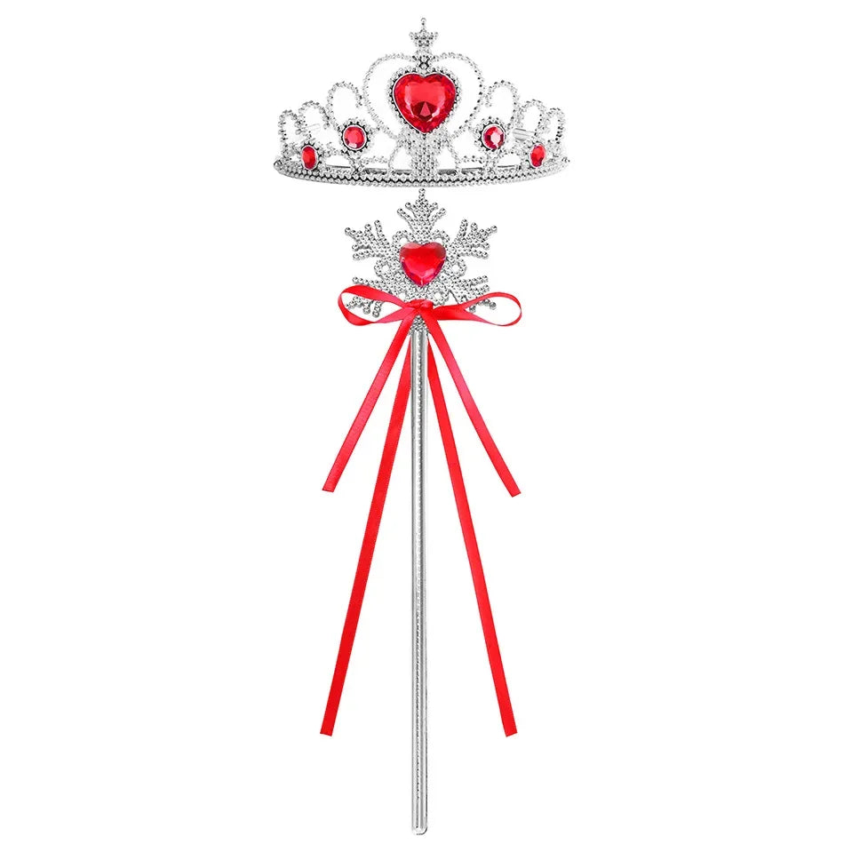 Silver and red crown with a hanging ribbon and stick for a royal princess dress-up playset