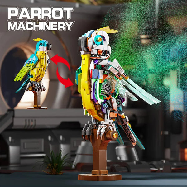 A detailed mechanical parrot model built from building blocks, featuring bright yellow and green colors.