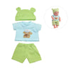 A set of green and light blue striped clothing including a top, shorts, and a doll wearing a green hat.