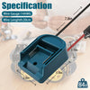 A blue wire adapter with a switch and fuse is shown next to a Makita battery, measuring 84g.