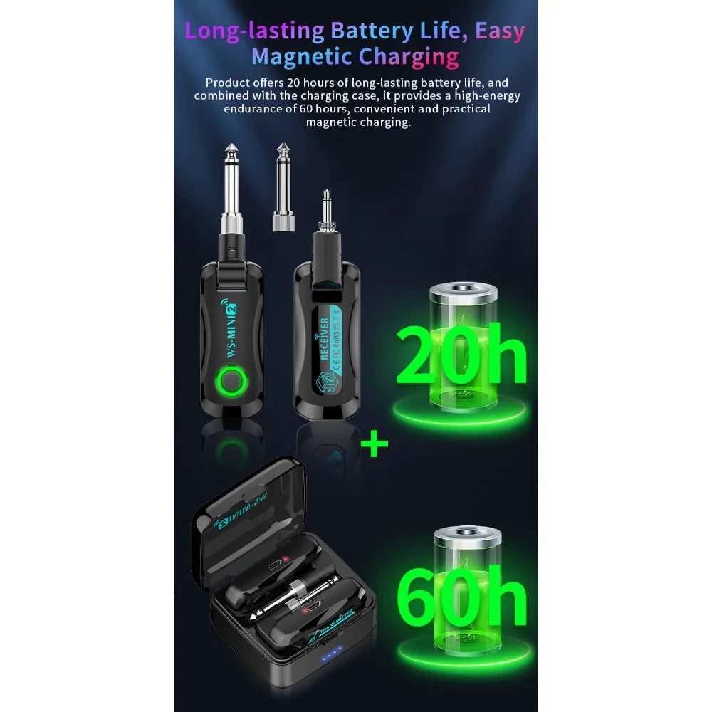 A set of wireless guitar system components including a transmitter, receiver, and a rechargeable battery pack.