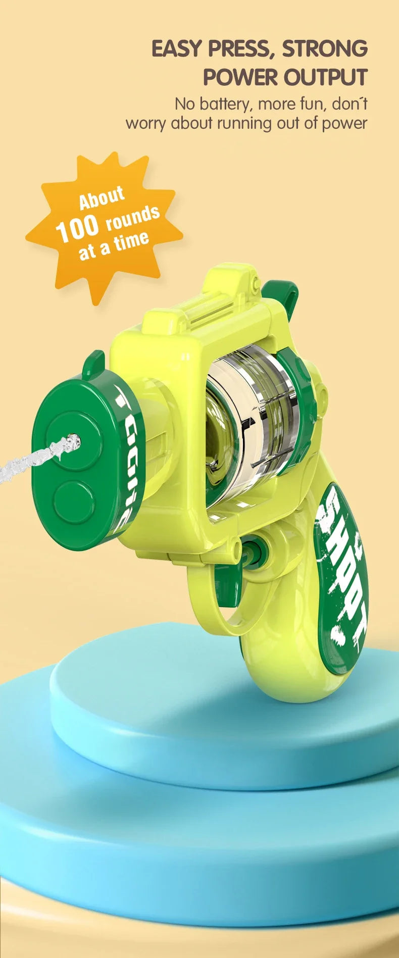 A yellow mini water blaster pistol is shown on a light blue surface, ready for use.