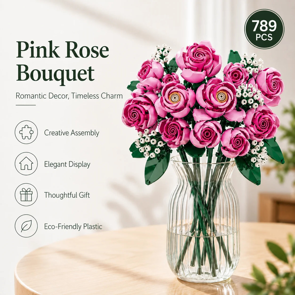 A bouquet of pink roses in a glass vase with green leaves and baby's breath flowers.