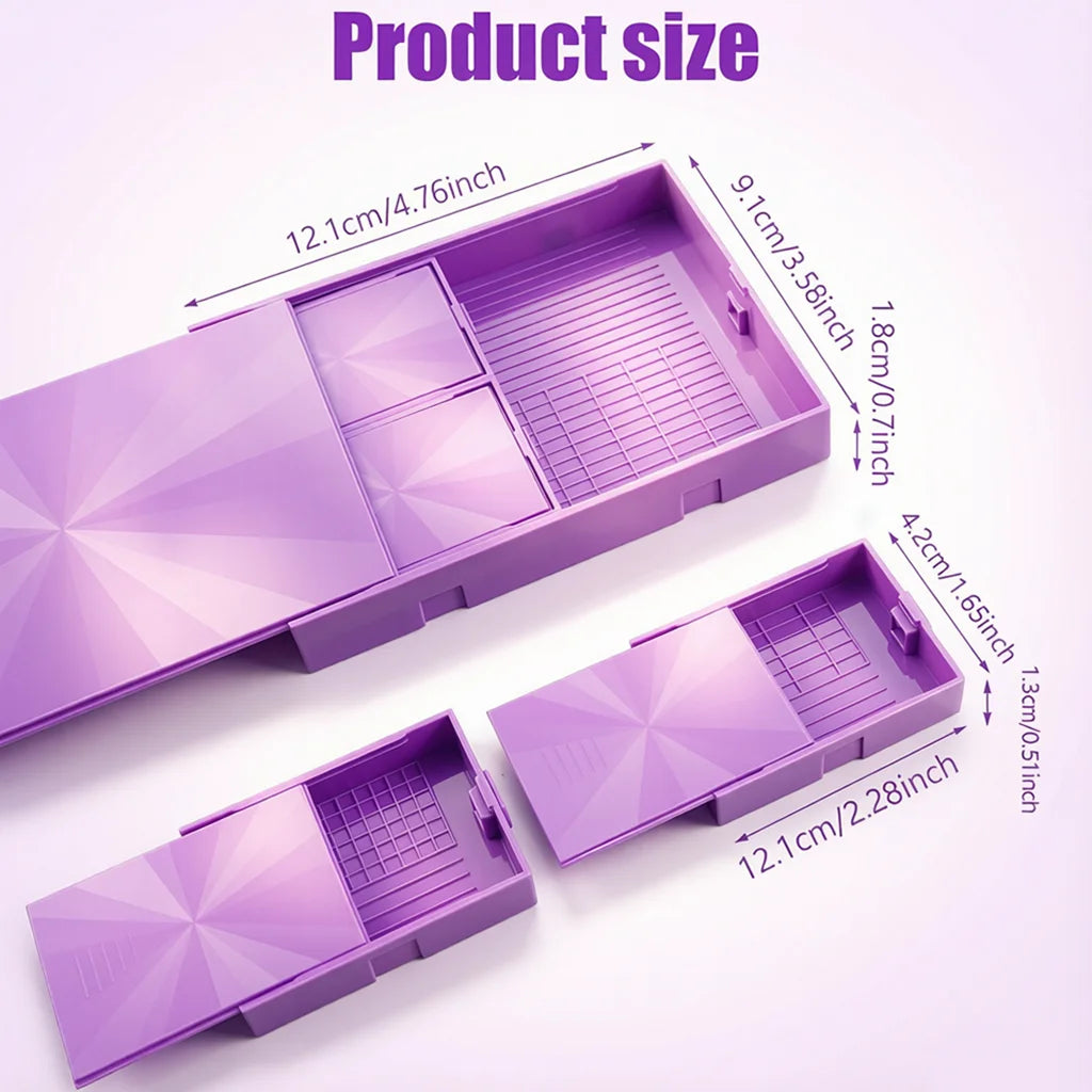 A purple modular diamond painting organizer box shown from the top and side, displaying its dimensions.