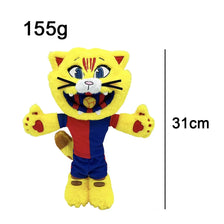 A yellow football mascot cat plush toy measuring 31cm.