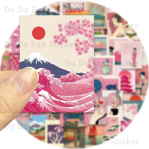 A collection of aesthetic Japanese art stickers featuring pink cherry blossoms and a red sun over a pink wave landscape.