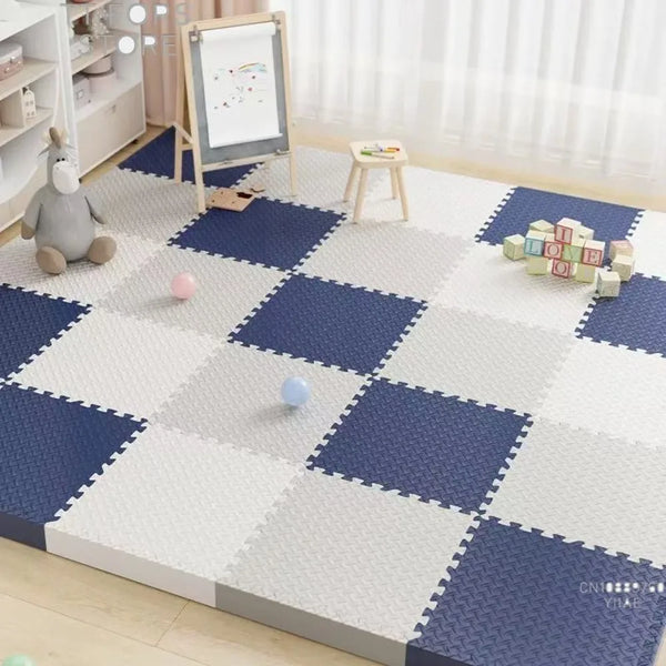 A blue and white checkered play mat set with wooden toys and a small wooden stool in a bright room.
