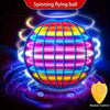 A spinning, multi-colored LED flying ball is shown floating in a blue light effect with a remote control nearby.