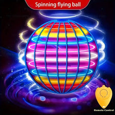 A spinning, multi-colored LED flying ball is shown floating in a blue light effect with a remote control nearby.