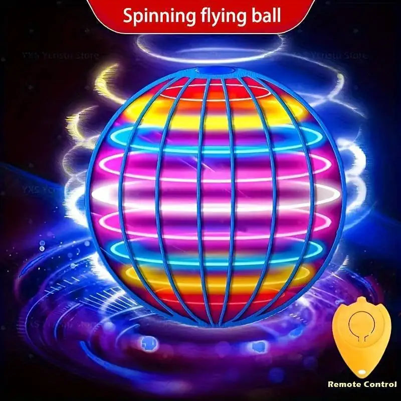 A spinning, multi-colored LED flying ball is shown floating in a blue light effect with a remote control nearby.