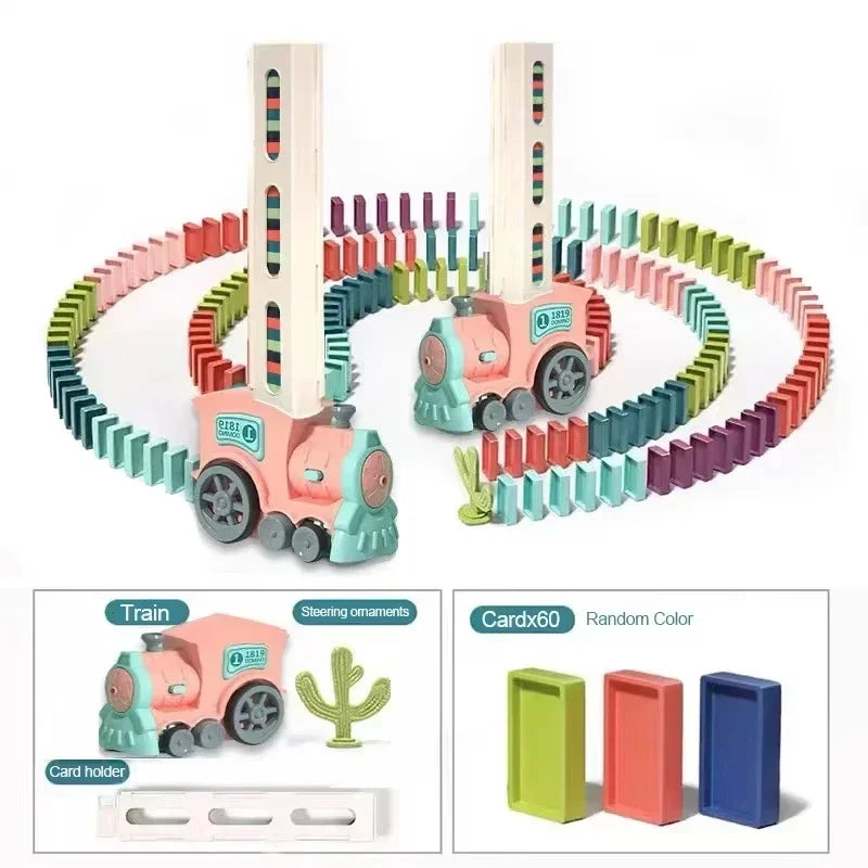 Automatic domino train toy featuring pink and green blocks and a card holder