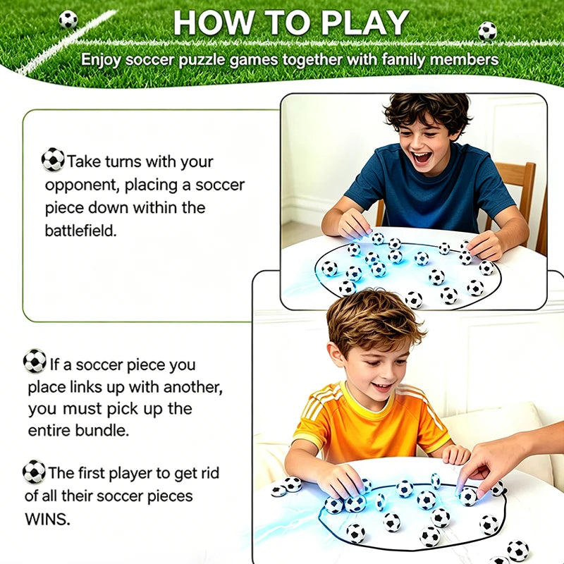 A boy plays a magnetic soccer puzzle game with other family members on a table.