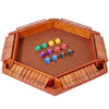 A wooden box game featuring a board and numerous colored dice arranged within the frame.
