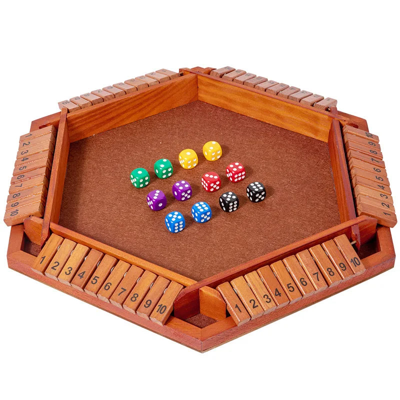 A wooden box game featuring a board and numerous colored dice arranged within the frame.