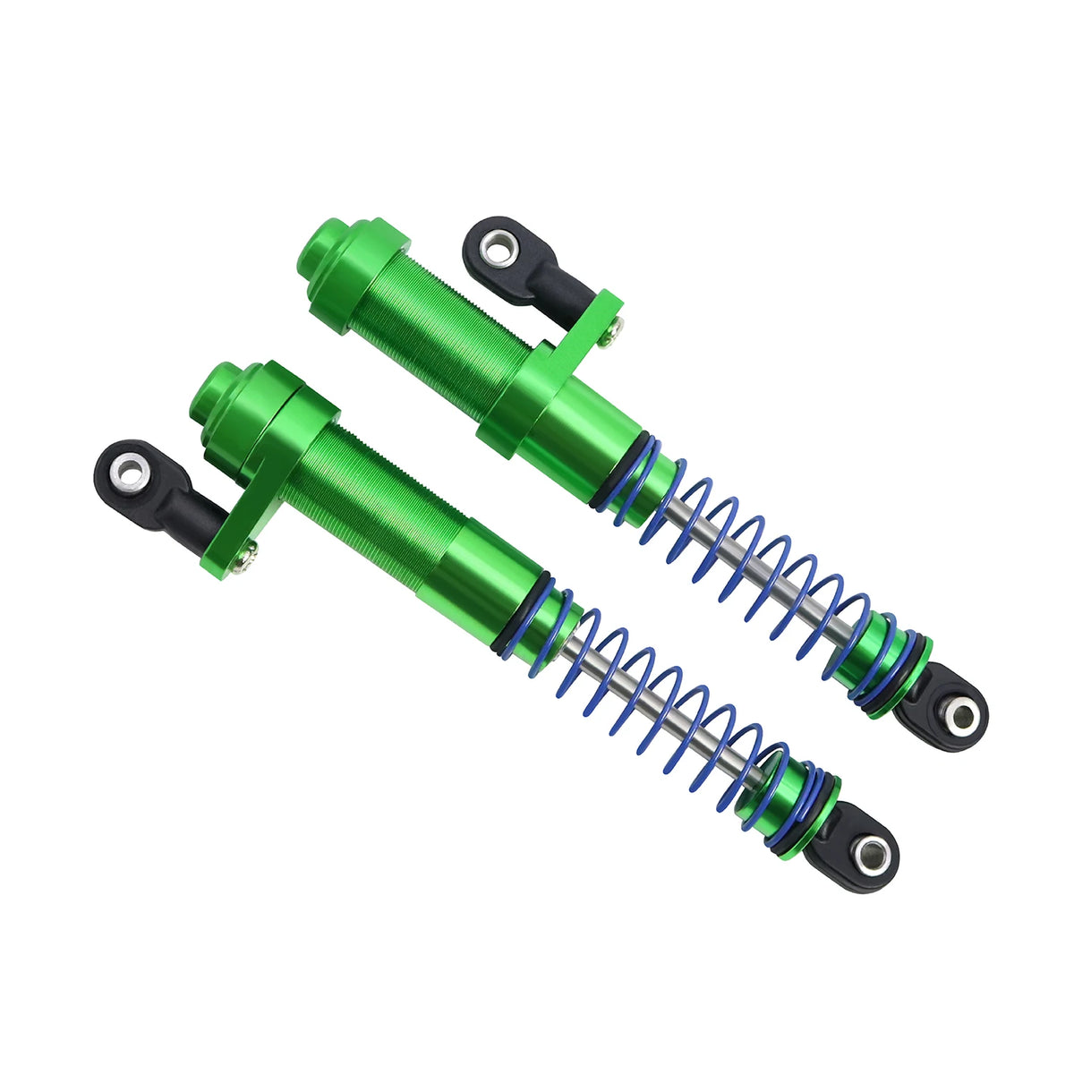 A set of green adjustable aluminum shock absorbers for RC crawlers.