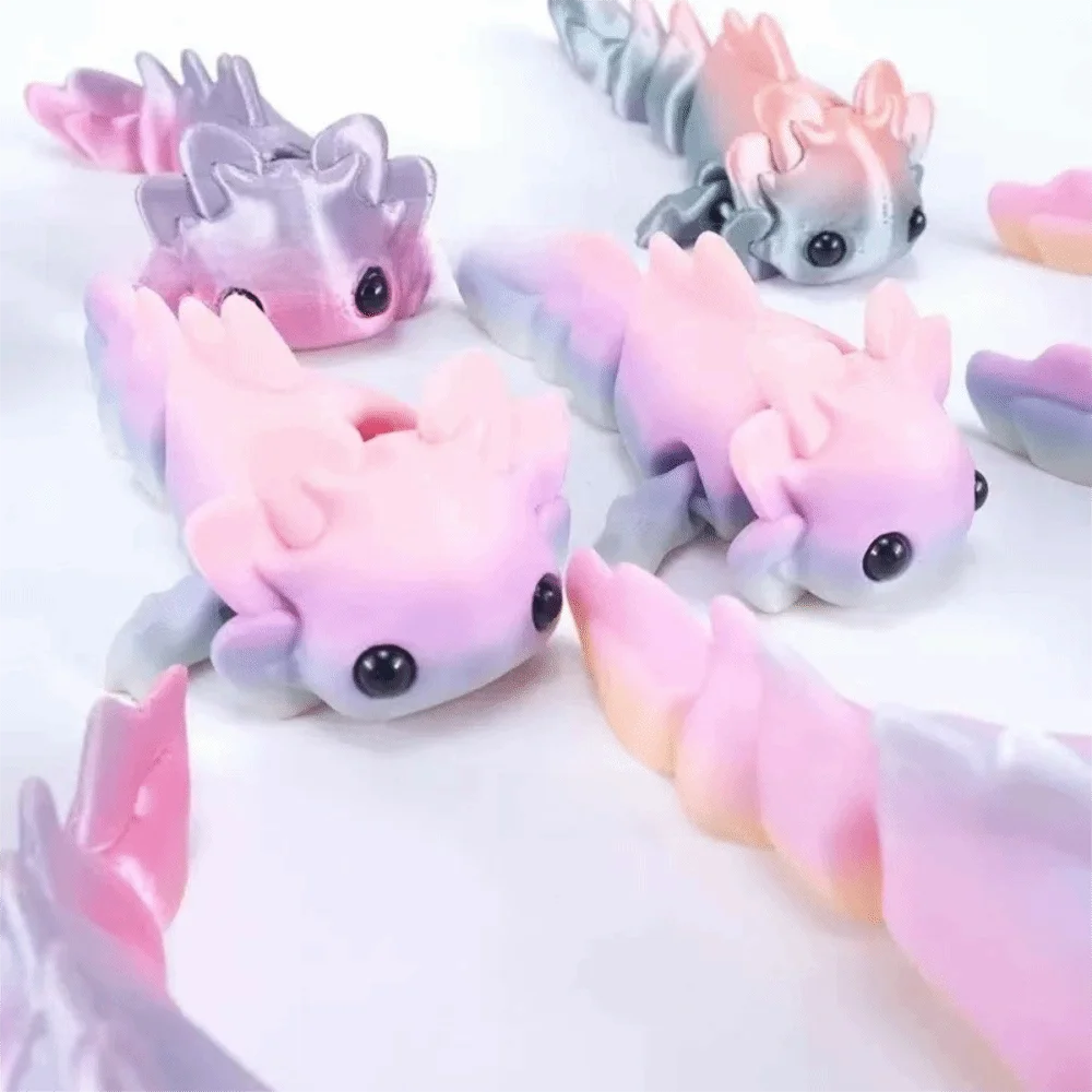 A set of eight colorful flexible salamander figurines in shades of pink and gray
