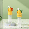 A yellow and orange 2-in-1 anti-choking straw and bottle cap converter for kids displayed on a white surface.