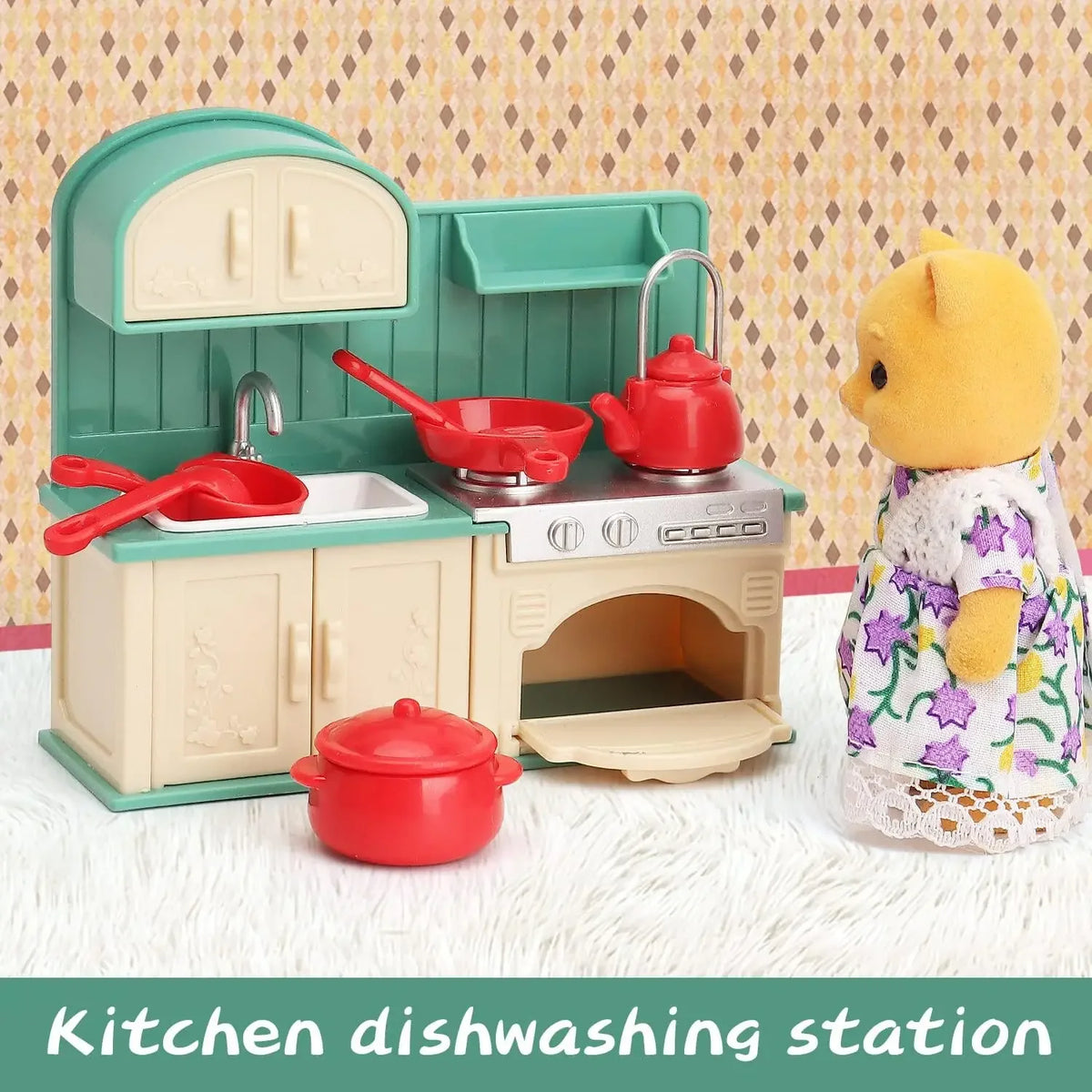 A dollhouse kitchen set featuring a green cabinet, white countertop, and red cookware, complete with a yellow stuffed animal.