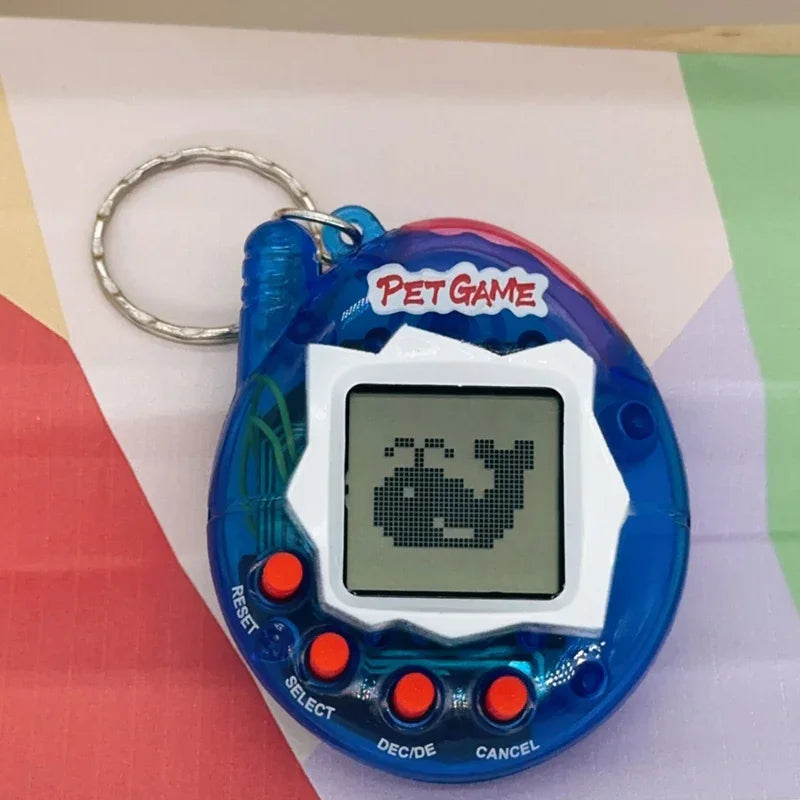A blue electronic pet game toy with a clear display and several buttons is shown against a light background.