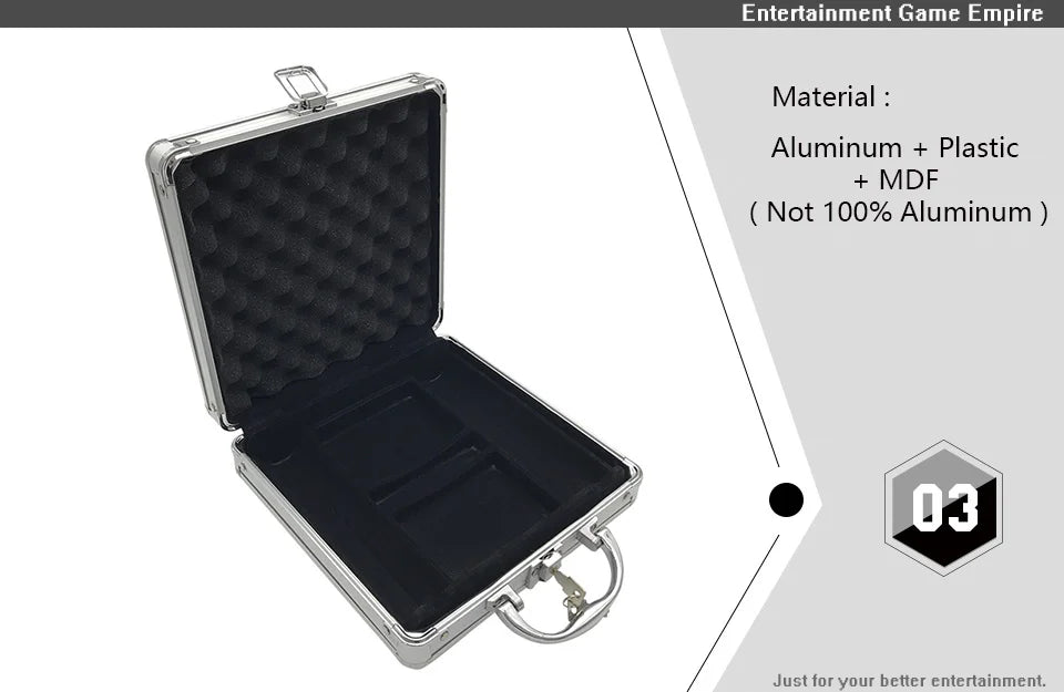 A black aluminum poker chip carry case with a hinged lid and lock, shown open on a white background.