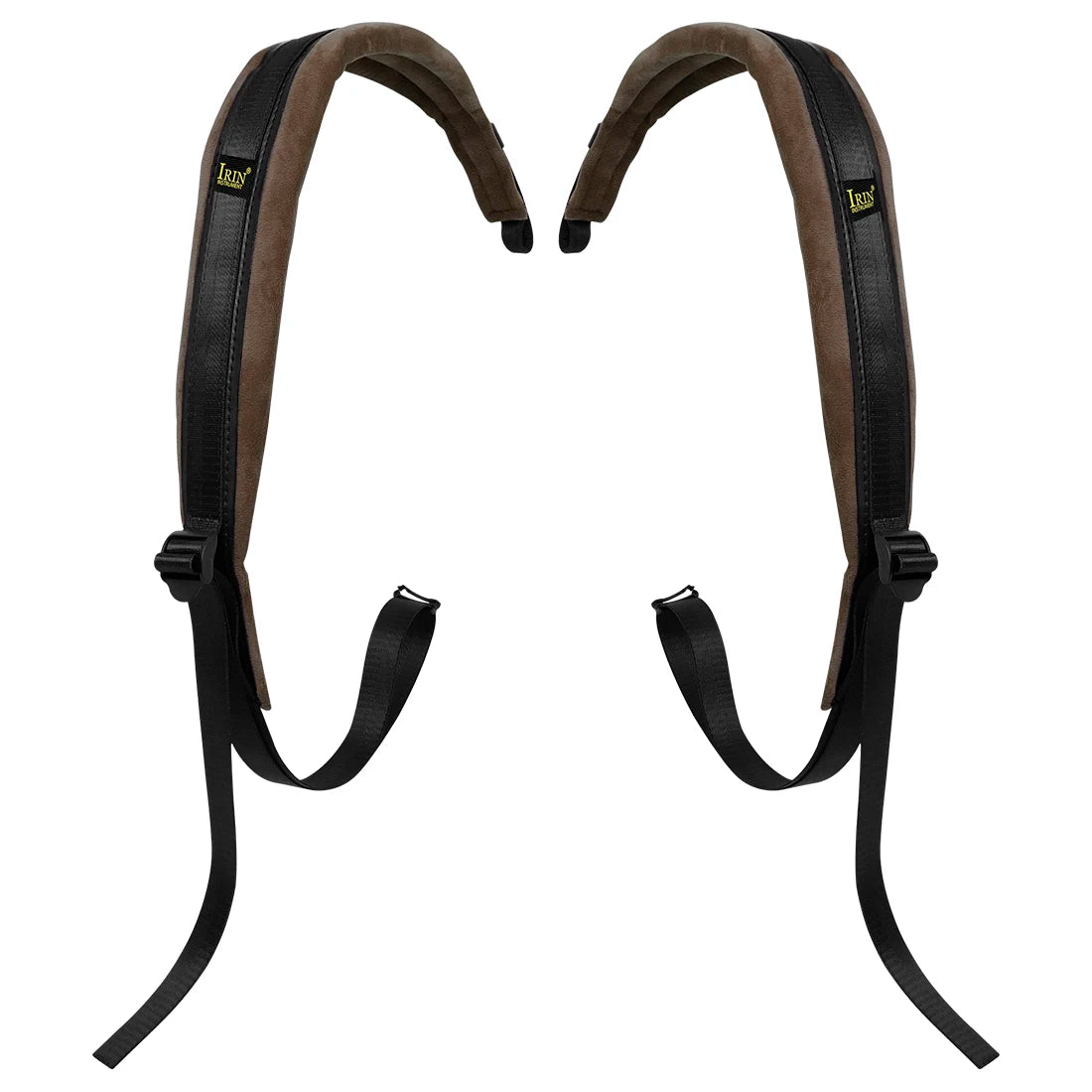 A pair of brown and black professional adjustable accordion straps.