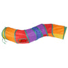 An orange and purple foldable S-shaped cat tunnel with hanging ball toys.