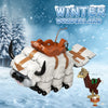 A white flying bison building block model in mid-air against a snowy background.