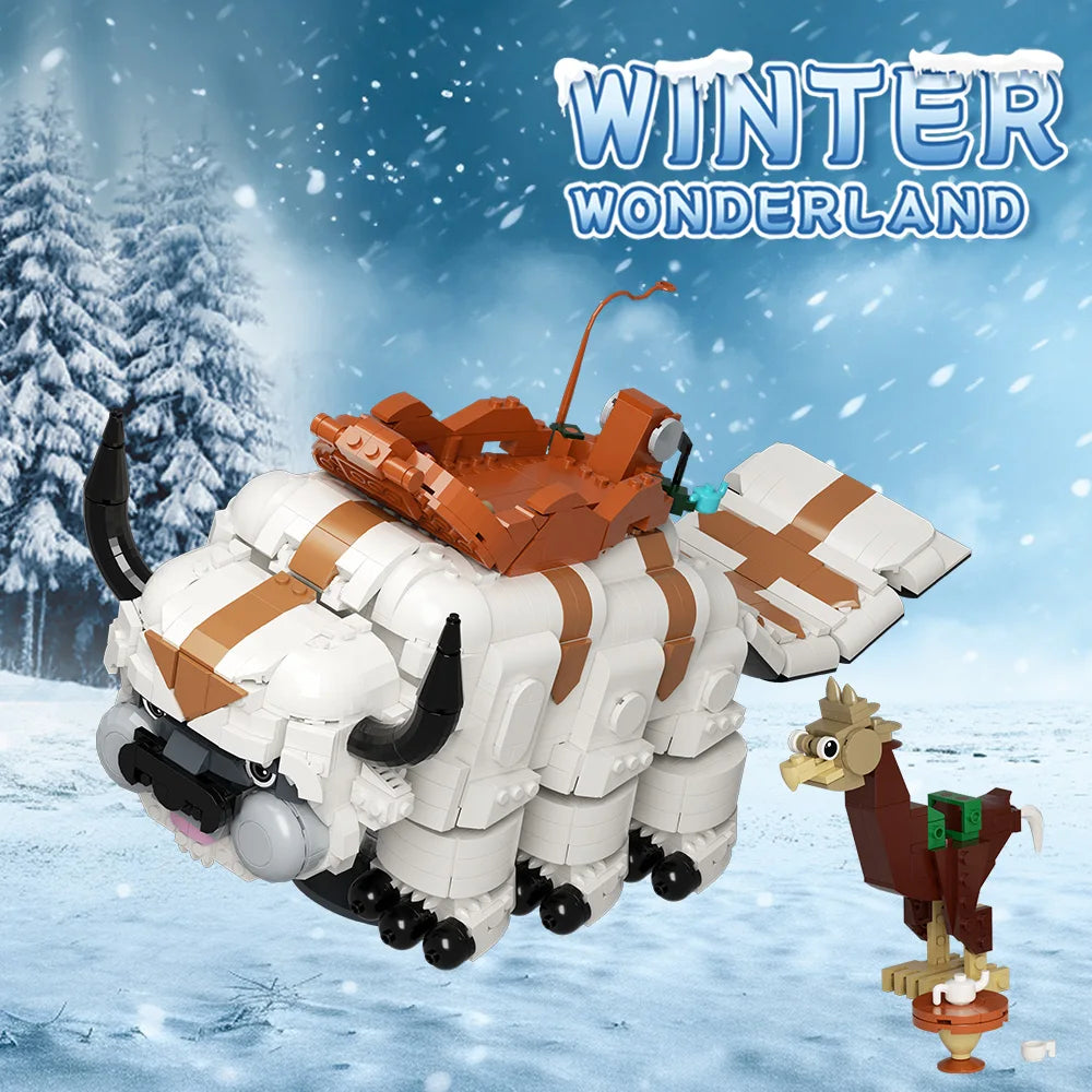 A white flying bison building block model in mid-air against a snowy background.