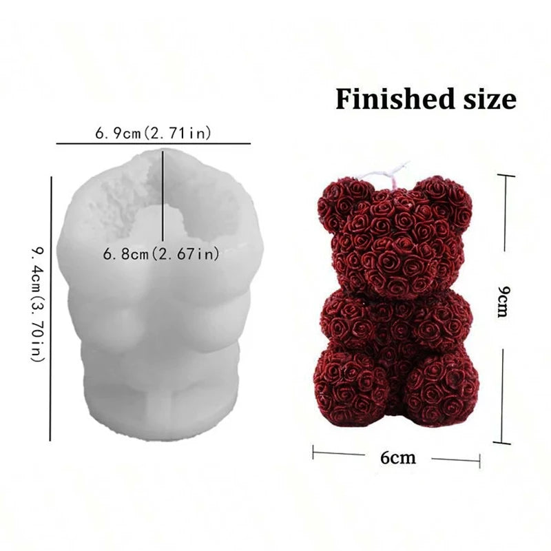 Finished size of a red rose bear silicone mold for candle making, showing dimensions and the finished product.
