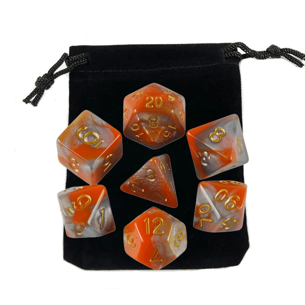 A set of polyhedral dice, including a d20 and d8, stored in a black fabric bag.
