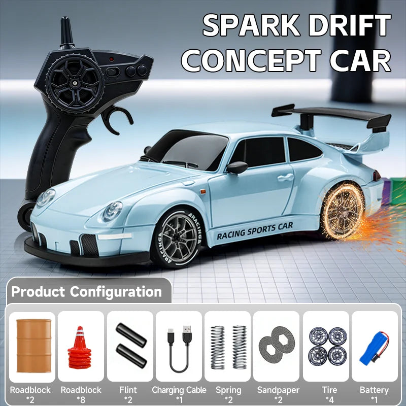 A light blue RC drift concept car is shown next to its black remote control and various configuration parts.