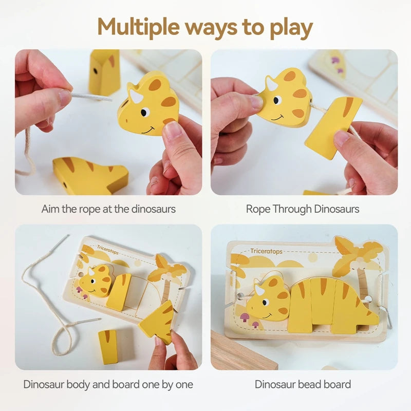 A set of wooden dinosaur toys demonstrating multiple ways to play including aiming a rope, threading dinosaurs, and building 