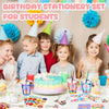 A colorful birthday stationery set for students featuring pencils, stickers, and cups surrounded by happy children.