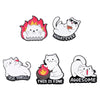 Set of four enamel pins featuring cats with various expressions and text like NOOOOO, WHATEVER, TREAT YOURSELF, THIS IS FINE,