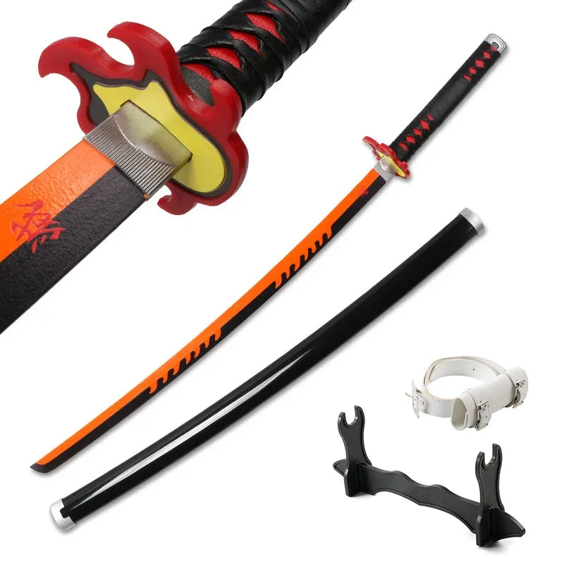 A Demon Slayer anime katana sword with a red hilt and black blade, shown alongside its scabbard and a separate sword componen