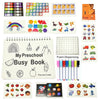 A collection of preschool busy book activities including puzzles, sorting games, and sensory play items for early learning.