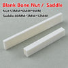 White blank bone nut and saddle pieces shown diagonally on a gray surface