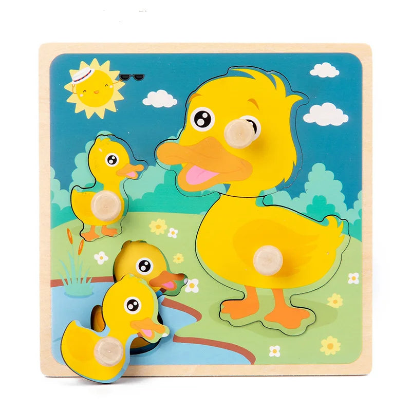 A wooden puzzle game featuring yellow duck figures and a sun, designed for toddlers.