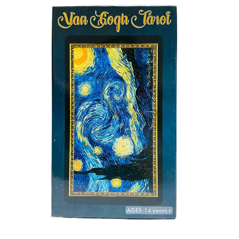 A box of Van Gogh-inspired Tarot cards featuring swirling blue and yellow paint textures.