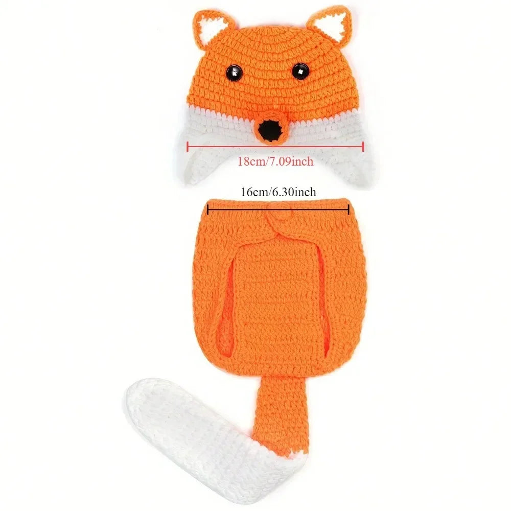 Handmade crochet newborn fox costume in orange and white for baby photography