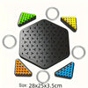 A set of black triangle chess strategy boards with various colored pieces and metal rings for a mental challenge game.
