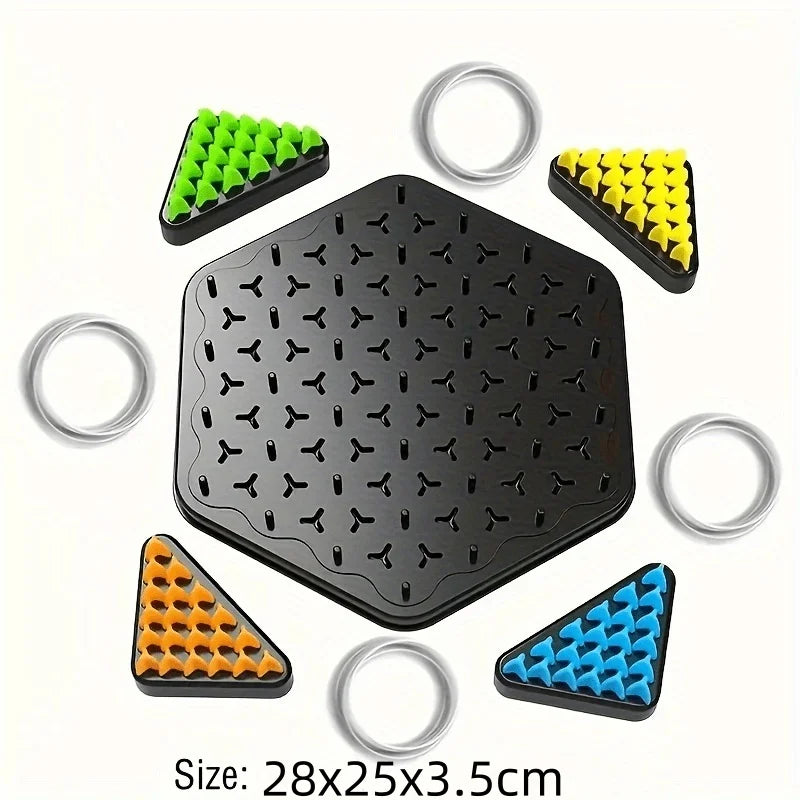 A set of black triangle chess strategy boards with various colored pieces and metal rings for a mental challenge game.