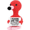 Handmade crochet red flamingo owl with pink accents and black beak for inspirational desk decor