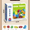 A box of an 81 piece DIY Cube Track train set featuring colorful building blocks and track components.