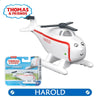 A white Harold helicopter toy from Thomas & Friends is shown with its accessories.