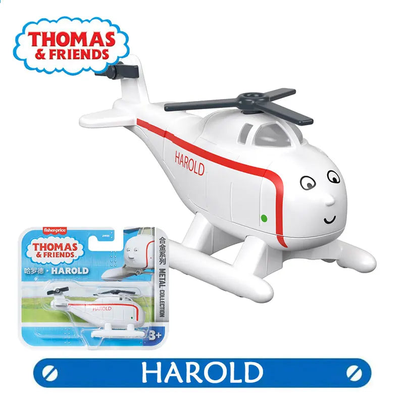 A white Harold helicopter toy from Thomas & Friends is shown with its accessories.