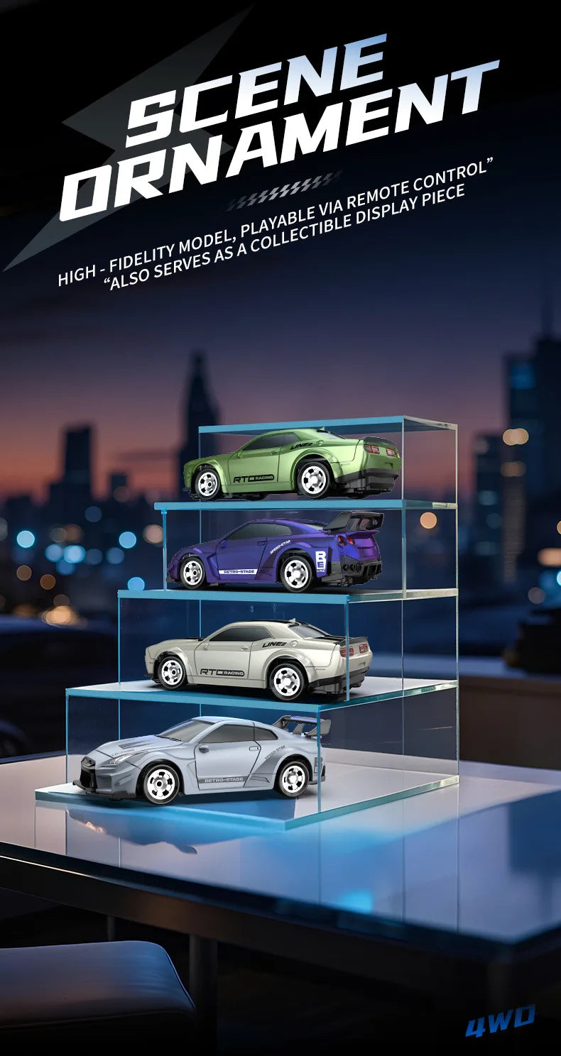 A display of four high-fidelity model Mini 4WD remote control stunt cars in various colors and finishes.